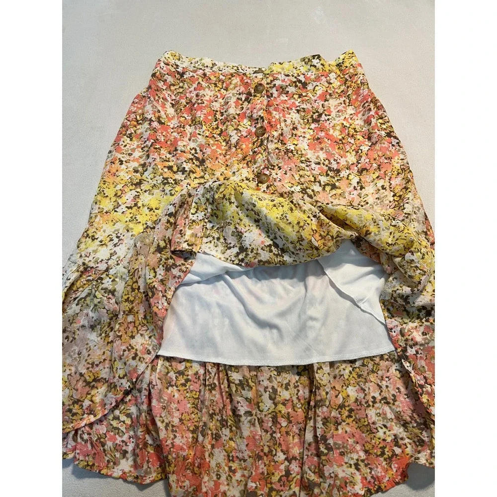 Mlle Gabrielle Yellow Floral Button Front Ruffle Hem Mini Skirt XL Boho Lined